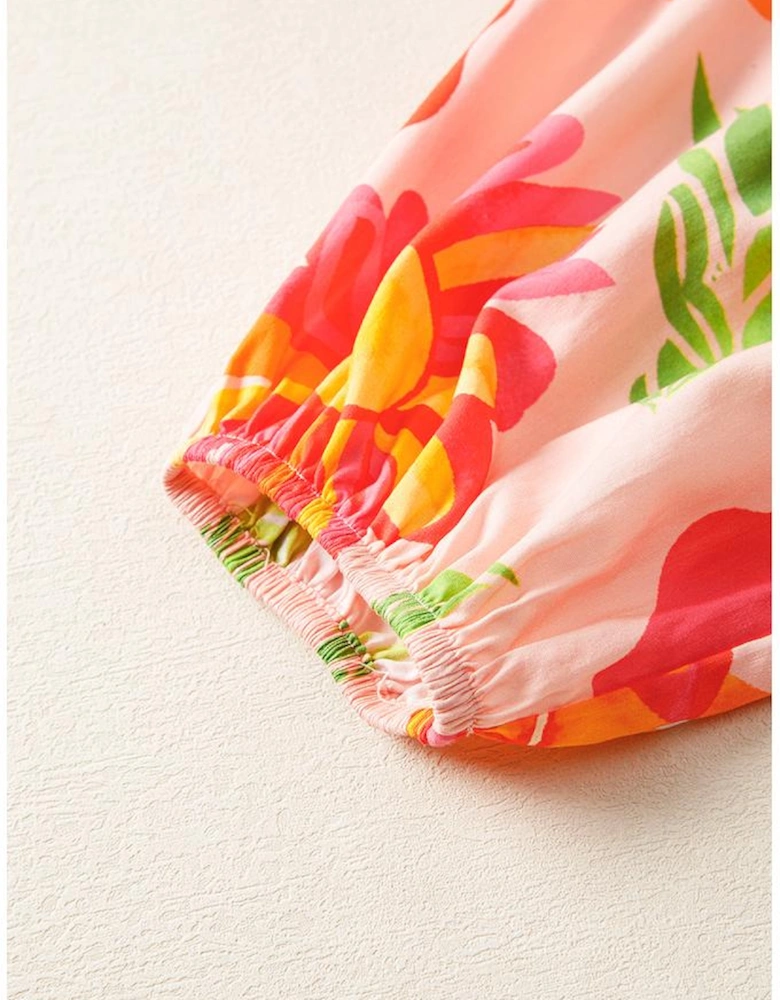 Beige Floral Print Smocked Detail V Neck Puff Sleeve Flowy Maxi Dress