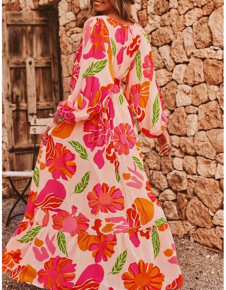 Beige Floral Print Smocked Detail V Neck Puff Sleeve Flowy Maxi Dress