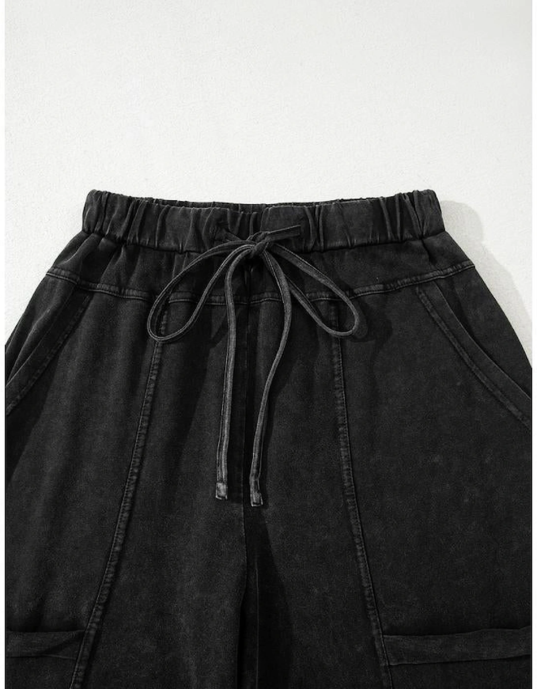 Black Mineral Wash Exposed Seam Drawstring High Waist Wide Leg Cargo Pants
