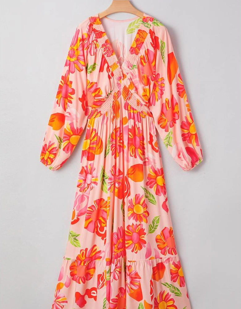Beige Floral Print Smocked Detail V Neck Puff Sleeve Flowy Maxi Dress