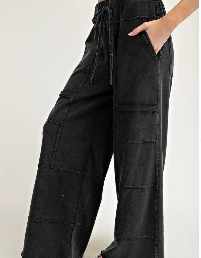 Black Mineral Wash Exposed Seam Drawstring High Waist Wide Leg Cargo Pants