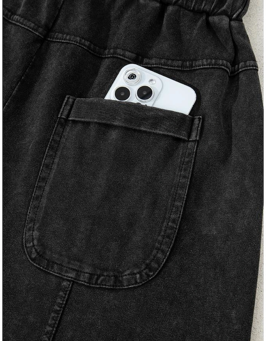 Black Mineral Wash Exposed Seam Drawstring High Waist Wide Leg Cargo Pants