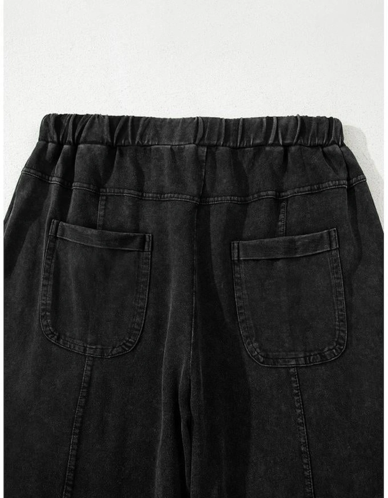 Black Mineral Wash Exposed Seam Drawstring High Waist Wide Leg Cargo Pants