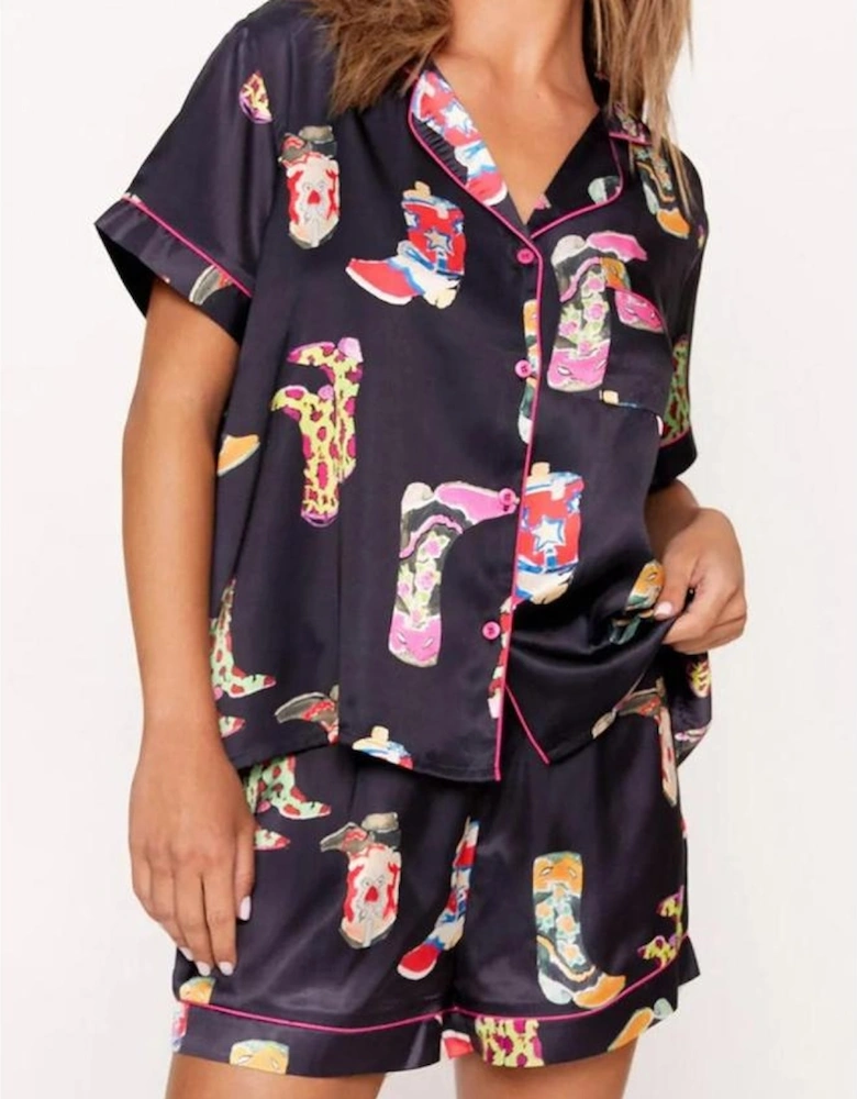 Black Western Boots Printed Short Pajama Set