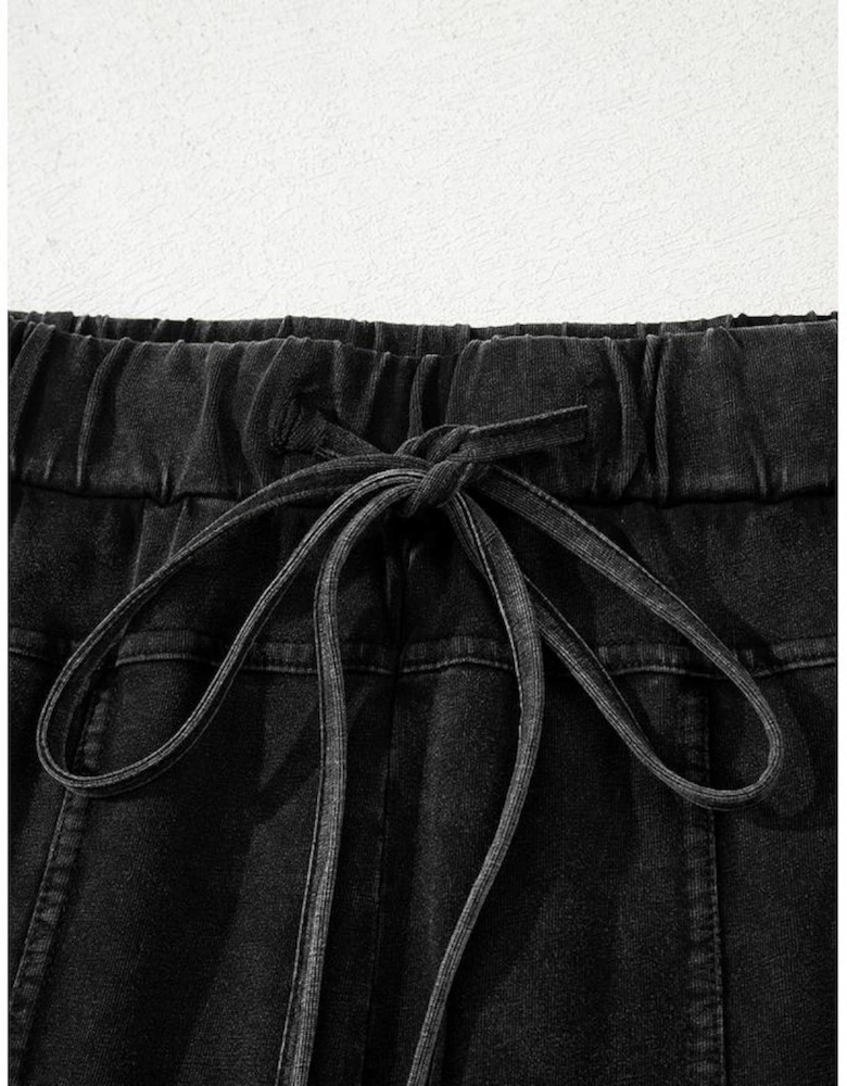 Black Mineral Wash Exposed Seam Drawstring High Waist Wide Leg Cargo Pants