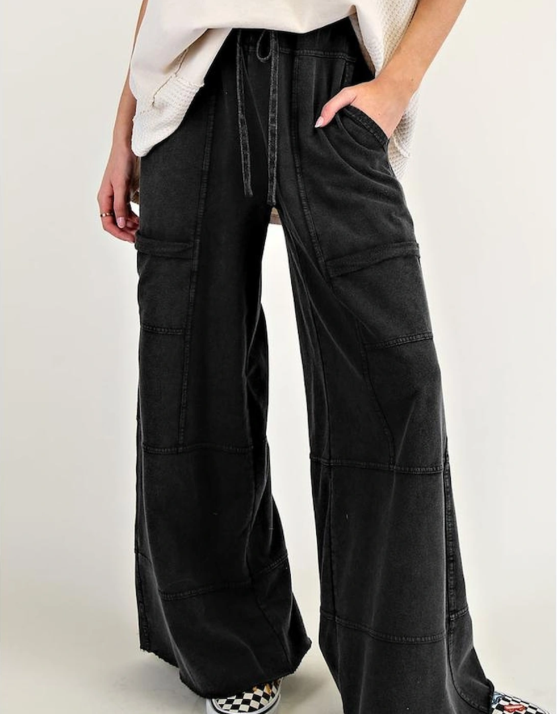 Black Mineral Wash Exposed Seam Drawstring High Waist Wide Leg Cargo Pants