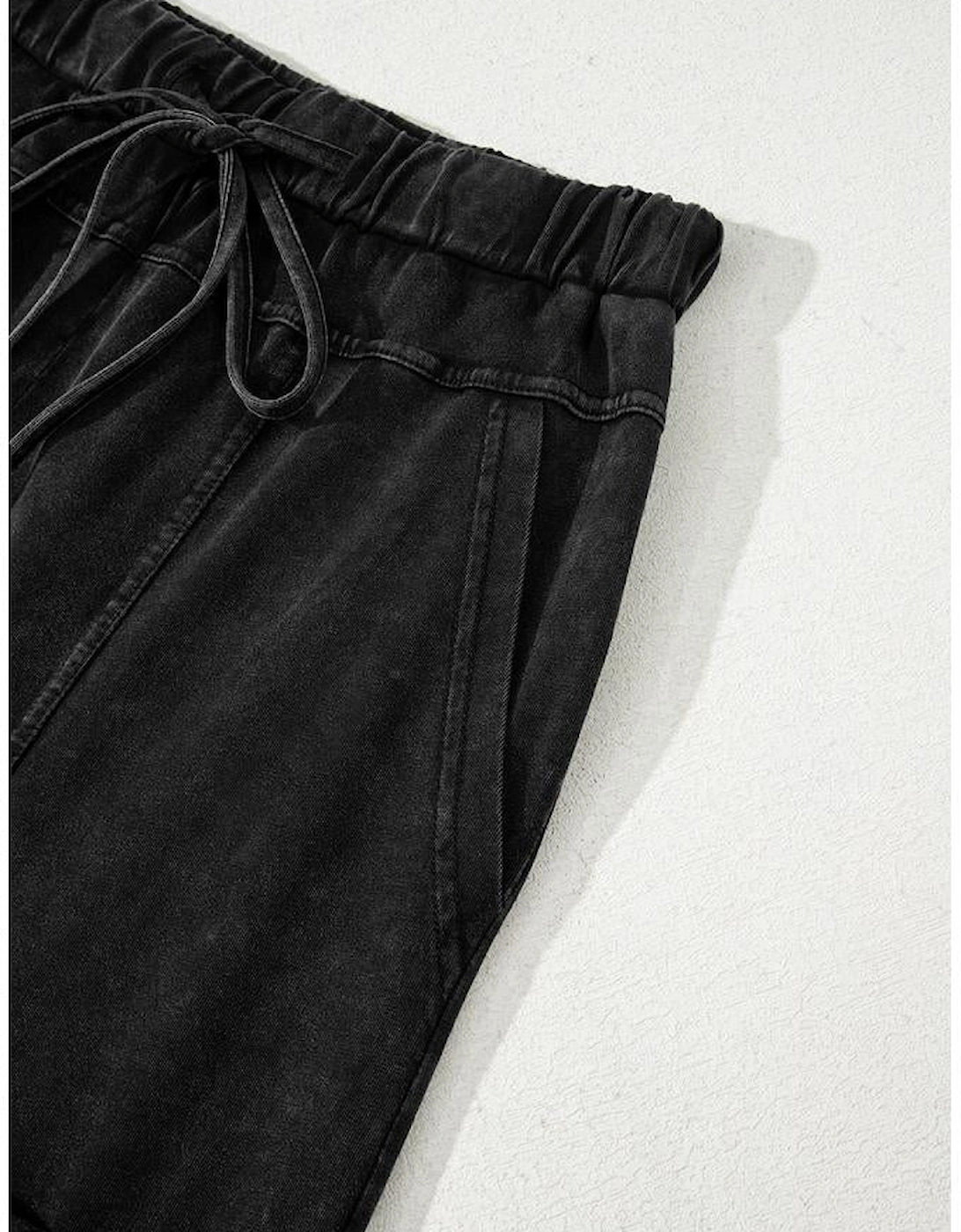 Black Mineral Wash Exposed Seam Drawstring High Waist Wide Leg Cargo Pants