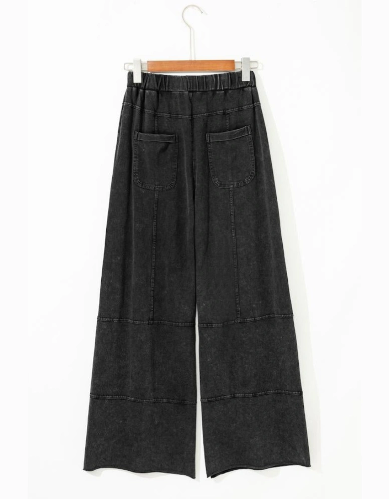 Black Mineral Wash Exposed Seam Drawstring High Waist Wide Leg Cargo Pants