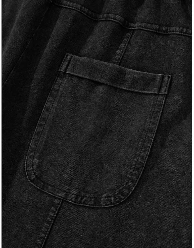 Black Mineral Wash Exposed Seam Drawstring High Waist Wide Leg Cargo Pants