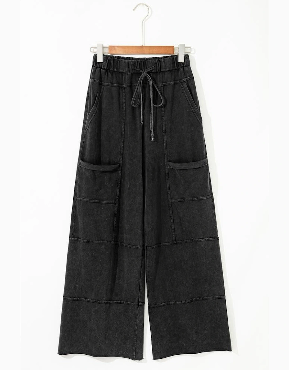 Black Mineral Wash Exposed Seam Drawstring High Waist Wide Leg Cargo Pants