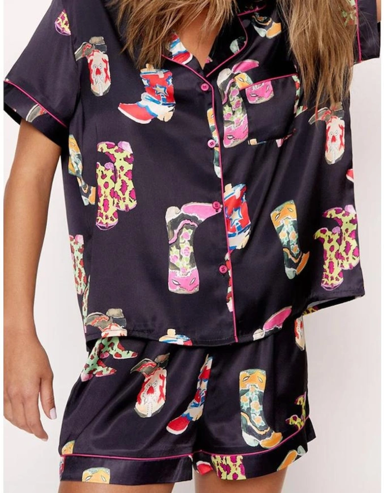 Black Western Boots Printed Short Pajama Set