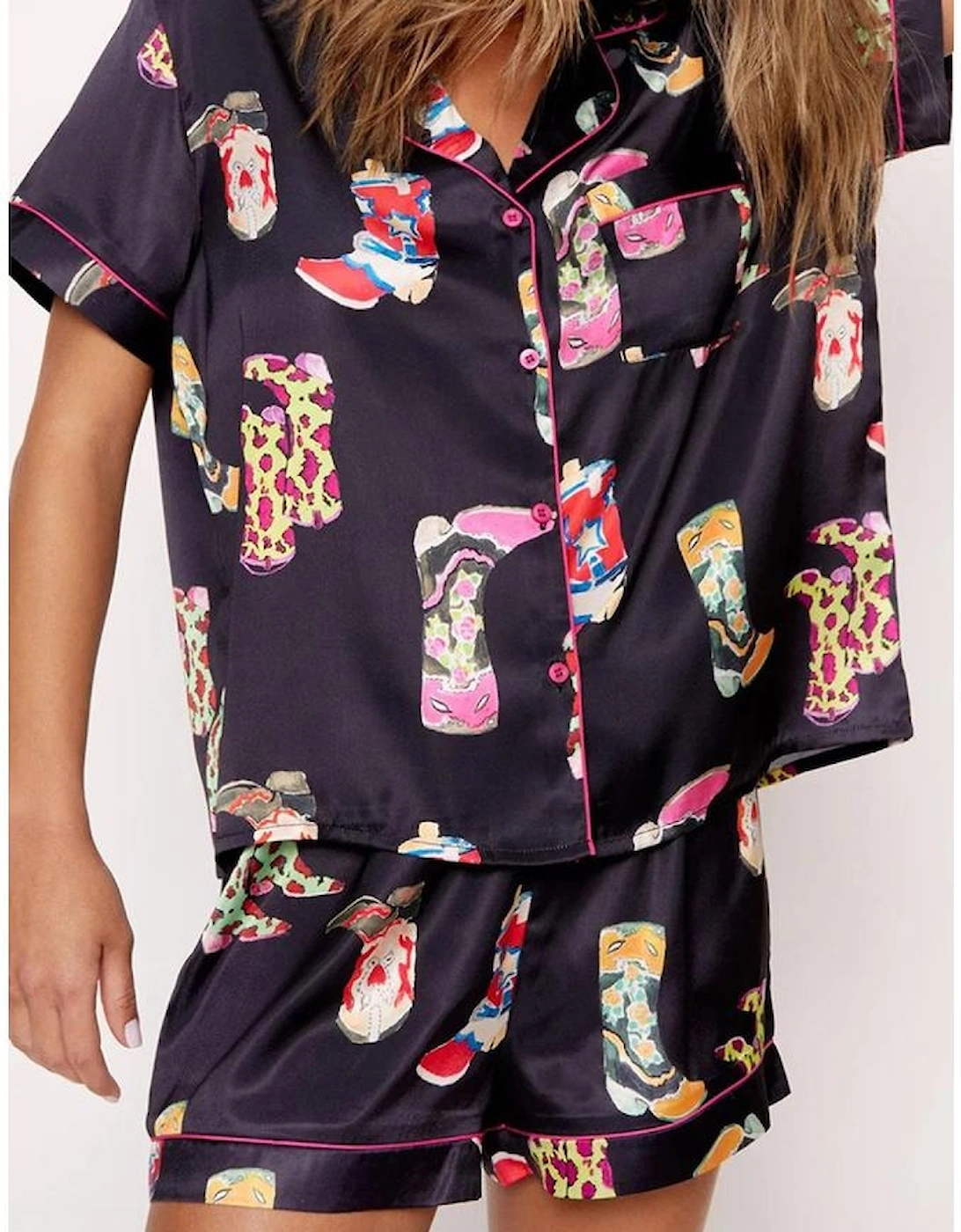 Black Western Boots Printed Short Pajama Set