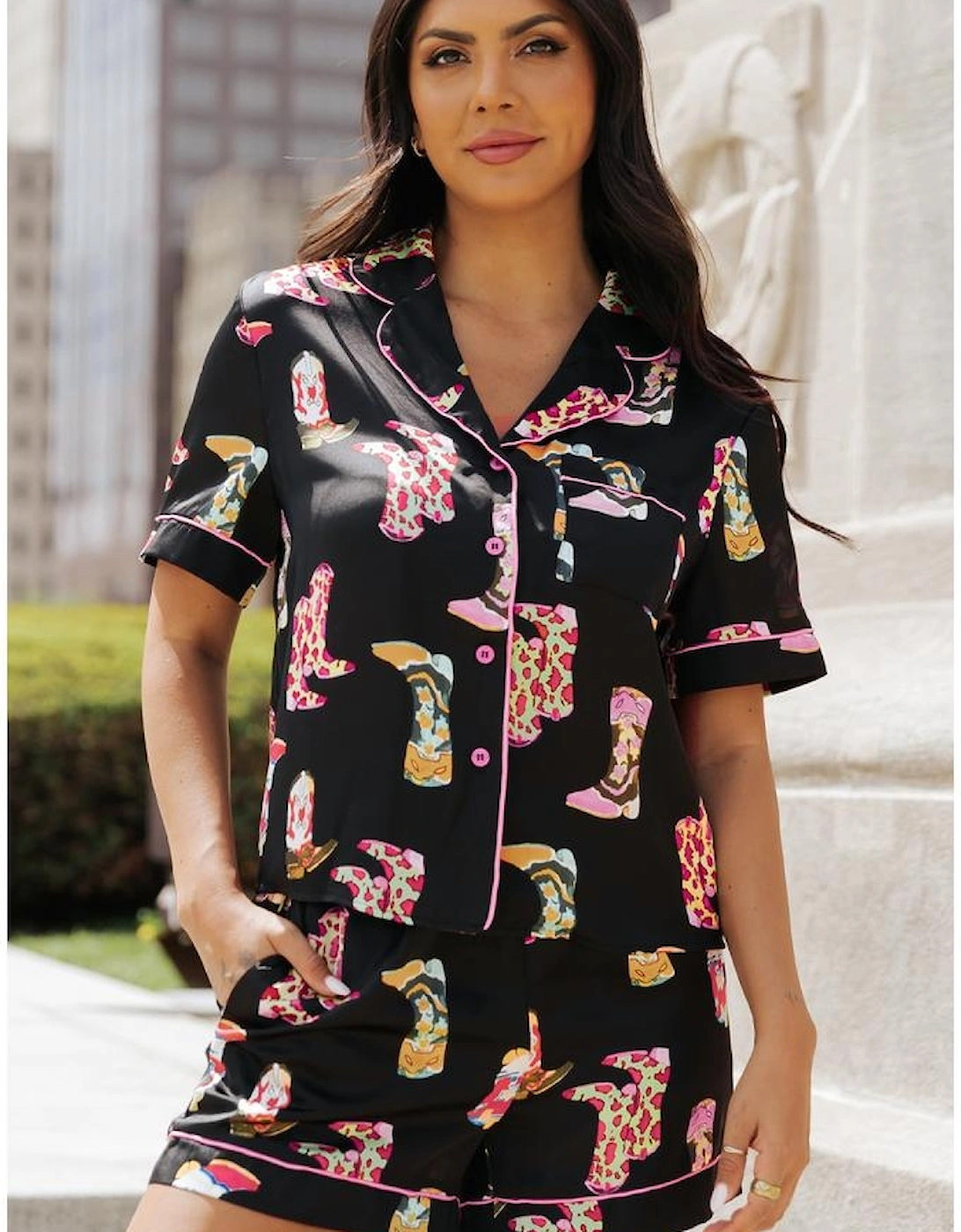 Black Western Boots Printed Short Pajama Set
