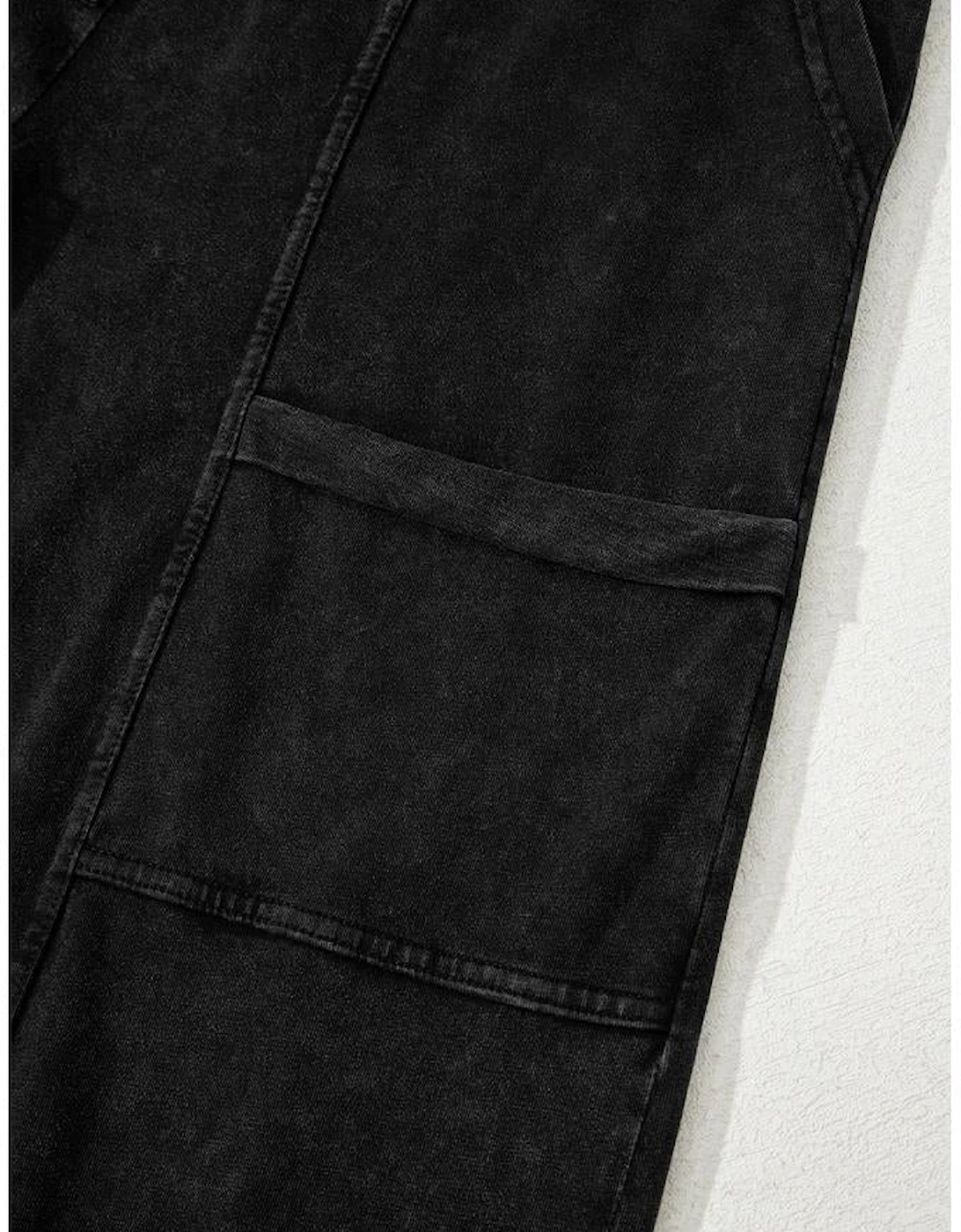 Black Mineral Wash Exposed Seam Drawstring High Waist Wide Leg Cargo Pants