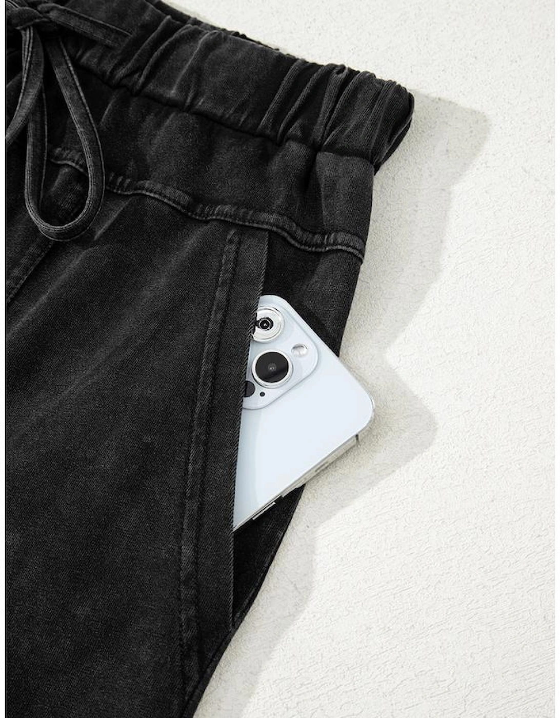 Black Mineral Wash Exposed Seam Drawstring High Waist Wide Leg Cargo Pants