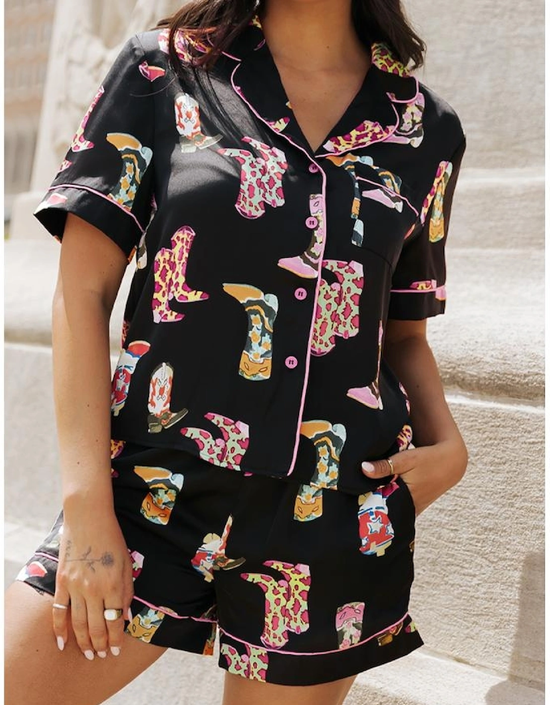 Black Western Boots Printed Short Pajama Set
