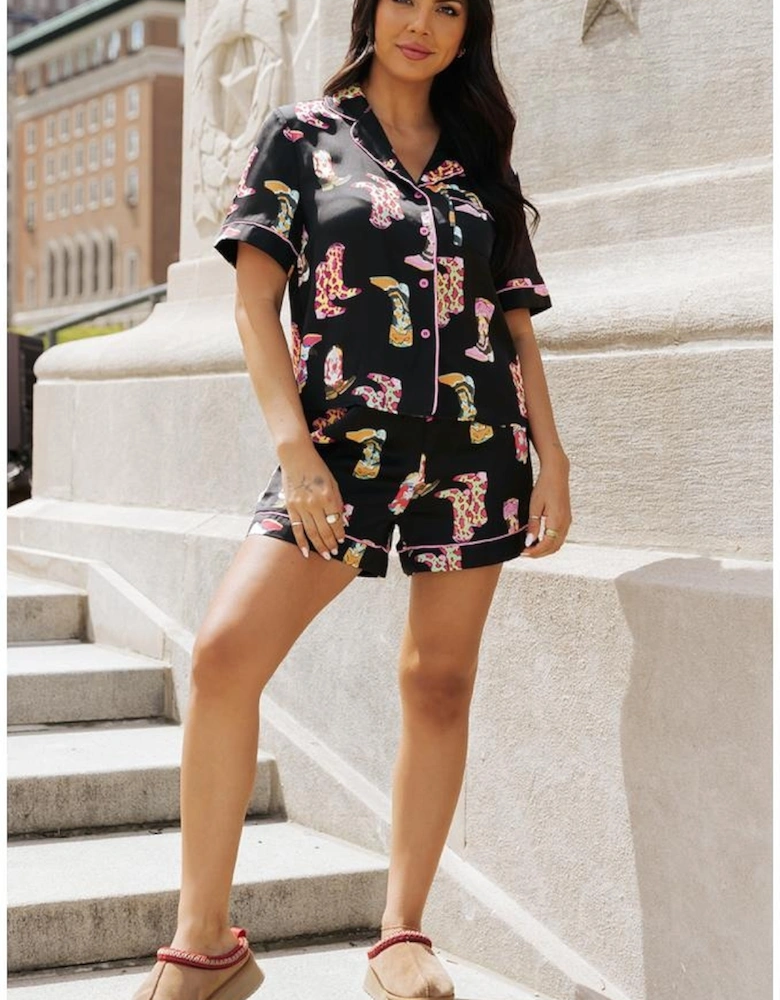 Black Western Boots Printed Short Pajama Set