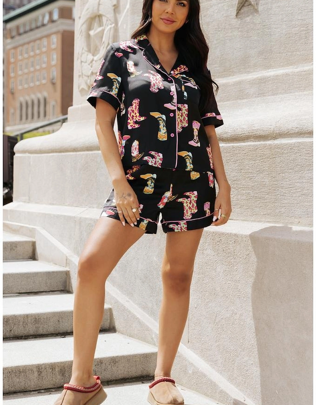 Black Western Boots Printed Short Pajama Set