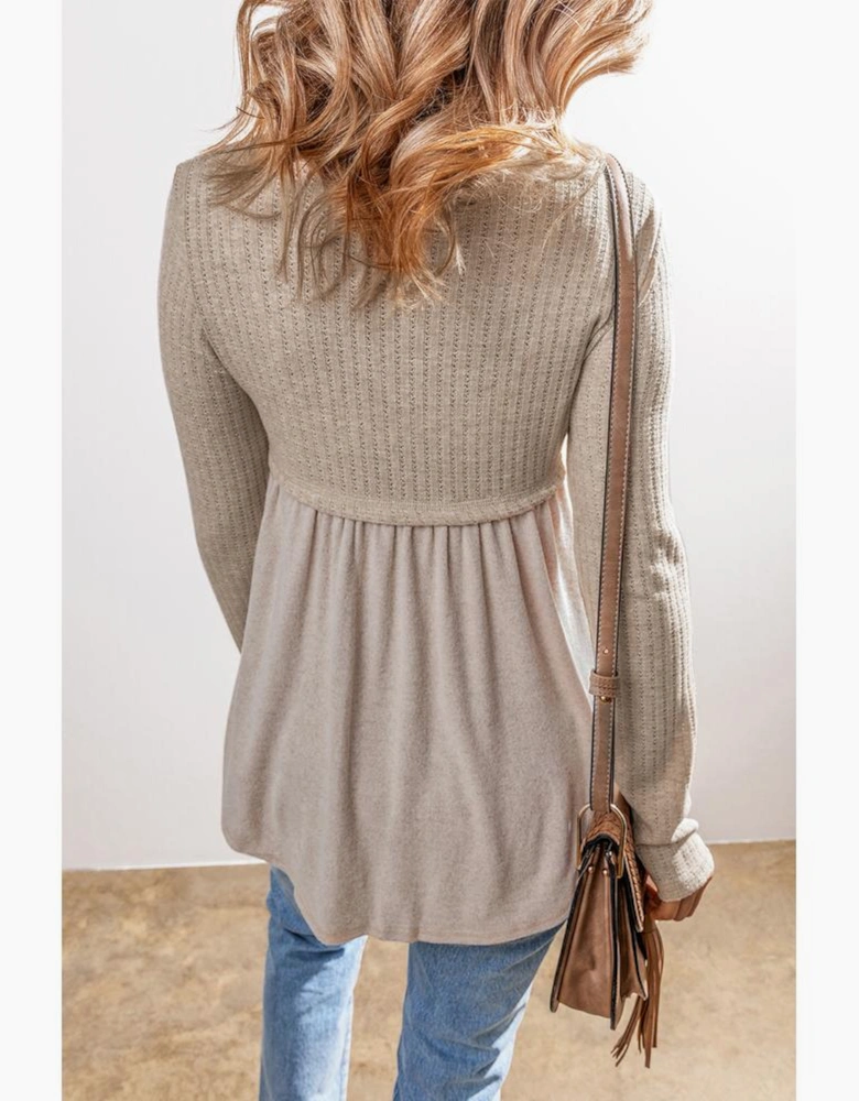 Smoke Gray Textured Long Sleeve V Neck Babydoll Top
