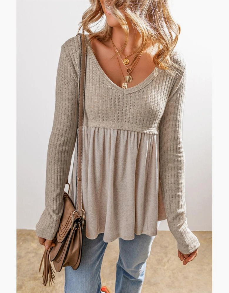 Smoke Gray Textured Long Sleeve V Neck Babydoll Top