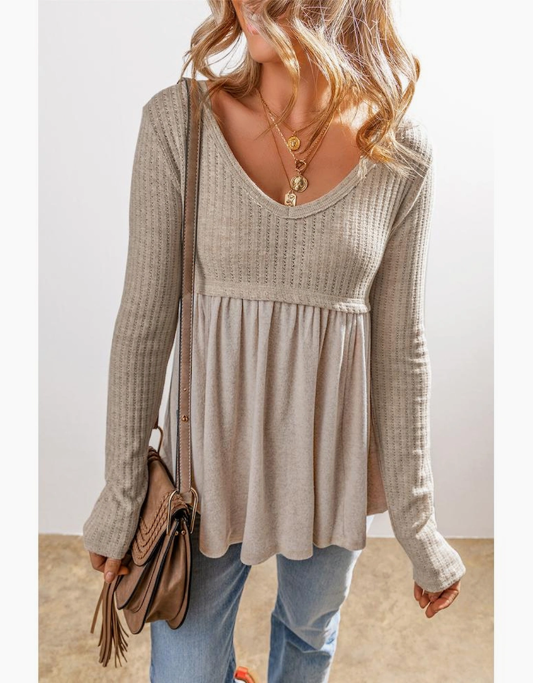 Smoke Gray Textured Long Sleeve V Neck Babydoll Top