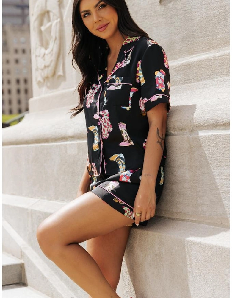 Black Western Boots Printed Short Pajama Set