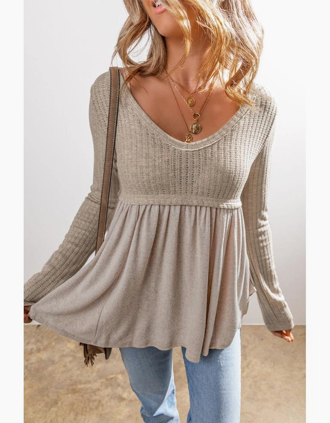 Smoke Gray Textured Long Sleeve V Neck Babydoll Top