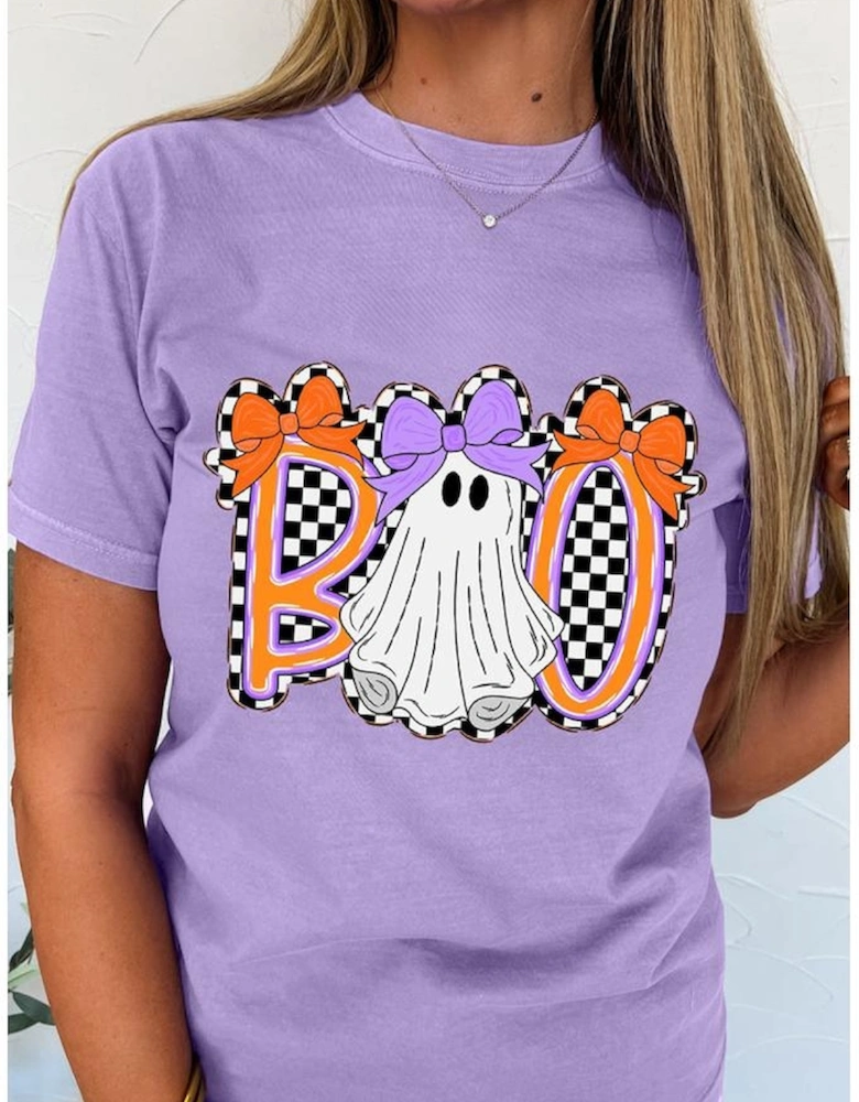 Wisteria Boo Checkered Bow Ghost Halloween Graphic Tee