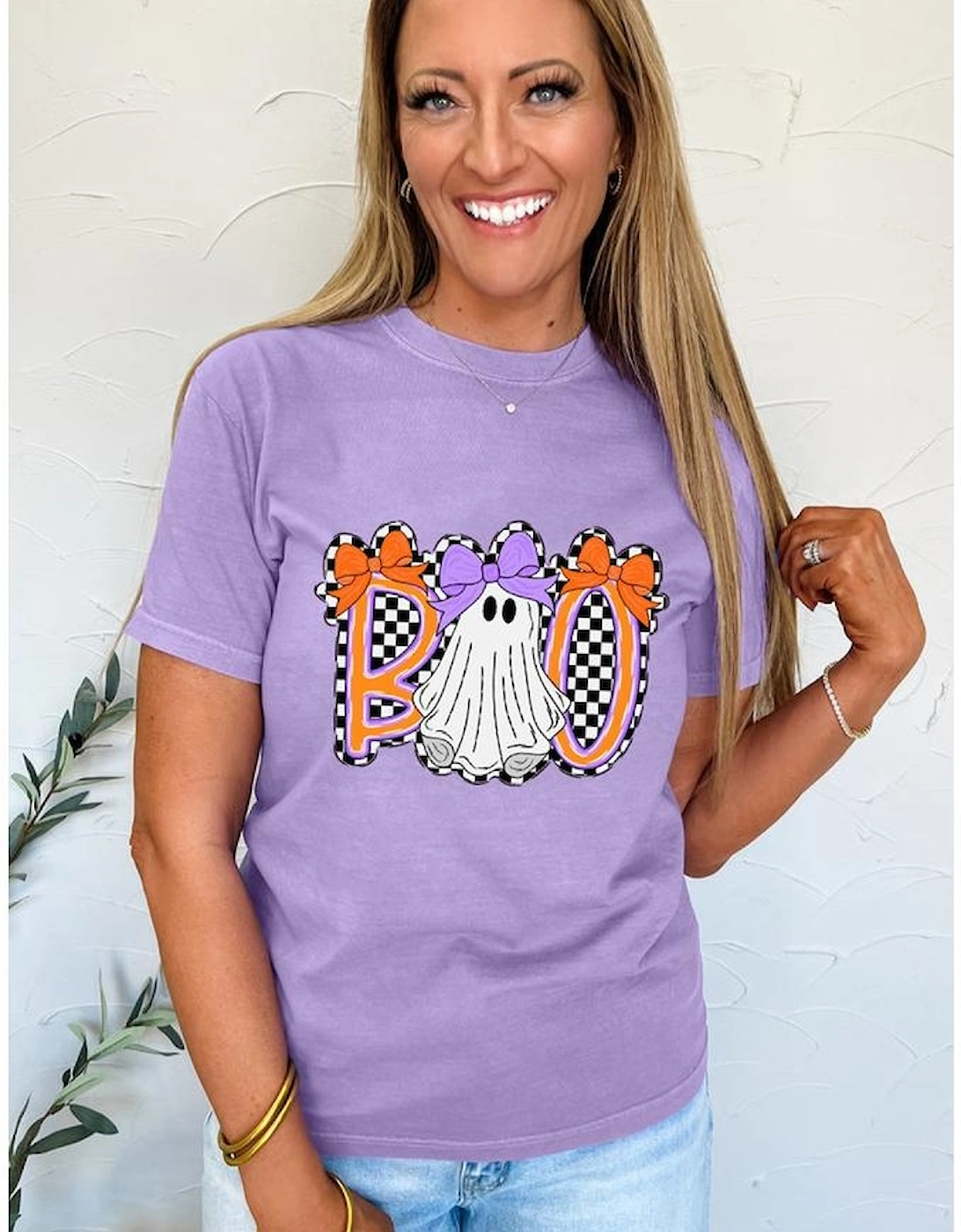 Wisteria Boo Checkered Bow Ghost Halloween Graphic Tee