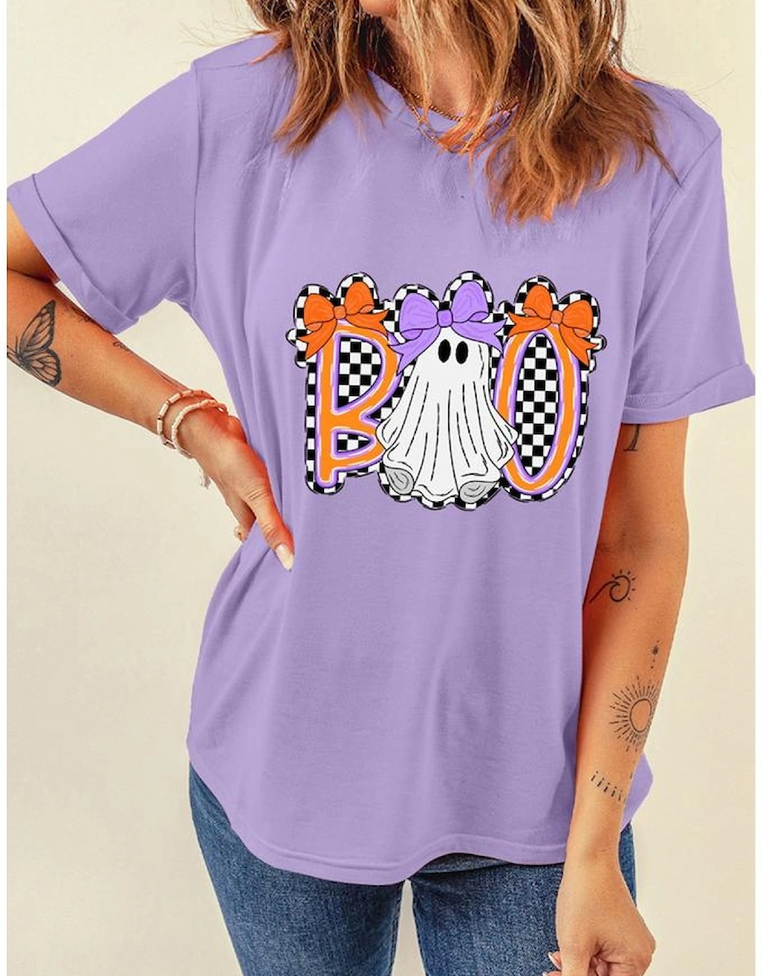 Wisteria Boo Checkered Bow Ghost Halloween Graphic Tee