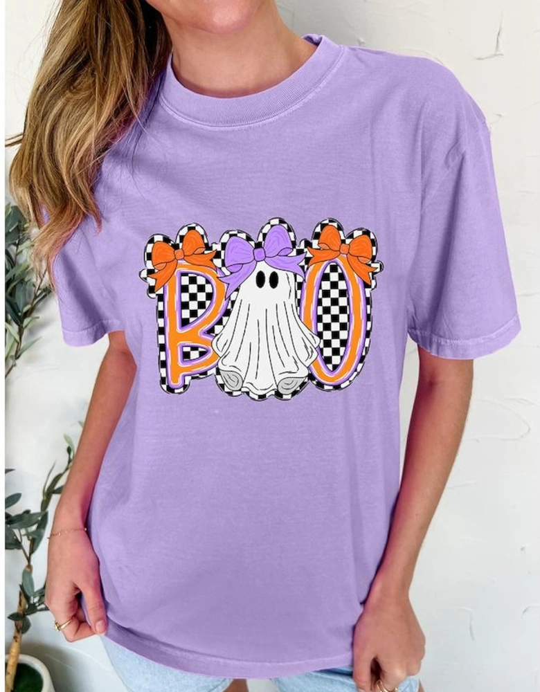 Wisteria Boo Checkered Bow Ghost Halloween Graphic Tee