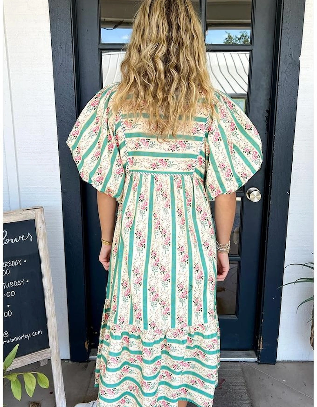 Multicolour Striped Floral Print Tie Split Neck Puff Sleeve Midi Dress, 13 of 12