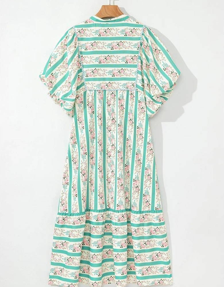 Multicolour Striped Floral Print Tie Split Neck Puff Sleeve Midi Dress
