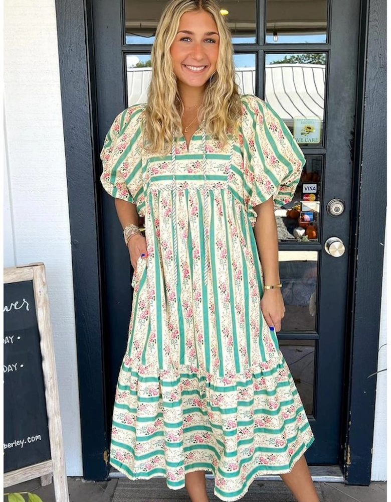 Multicolour Striped Floral Print Tie Split Neck Puff Sleeve Midi Dress