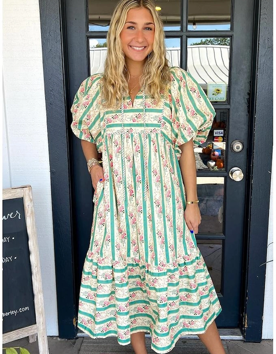 Multicolour Striped Floral Print Tie Split Neck Puff Sleeve Midi Dress