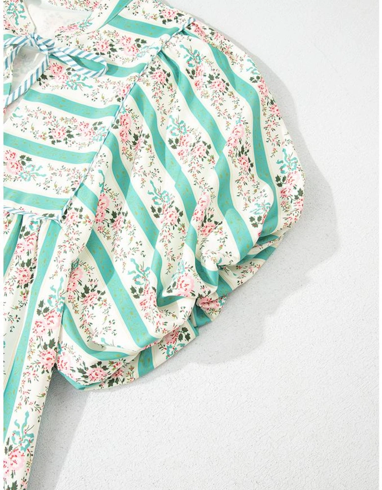 Multicolour Striped Floral Print Tie Split Neck Puff Sleeve Midi Dress