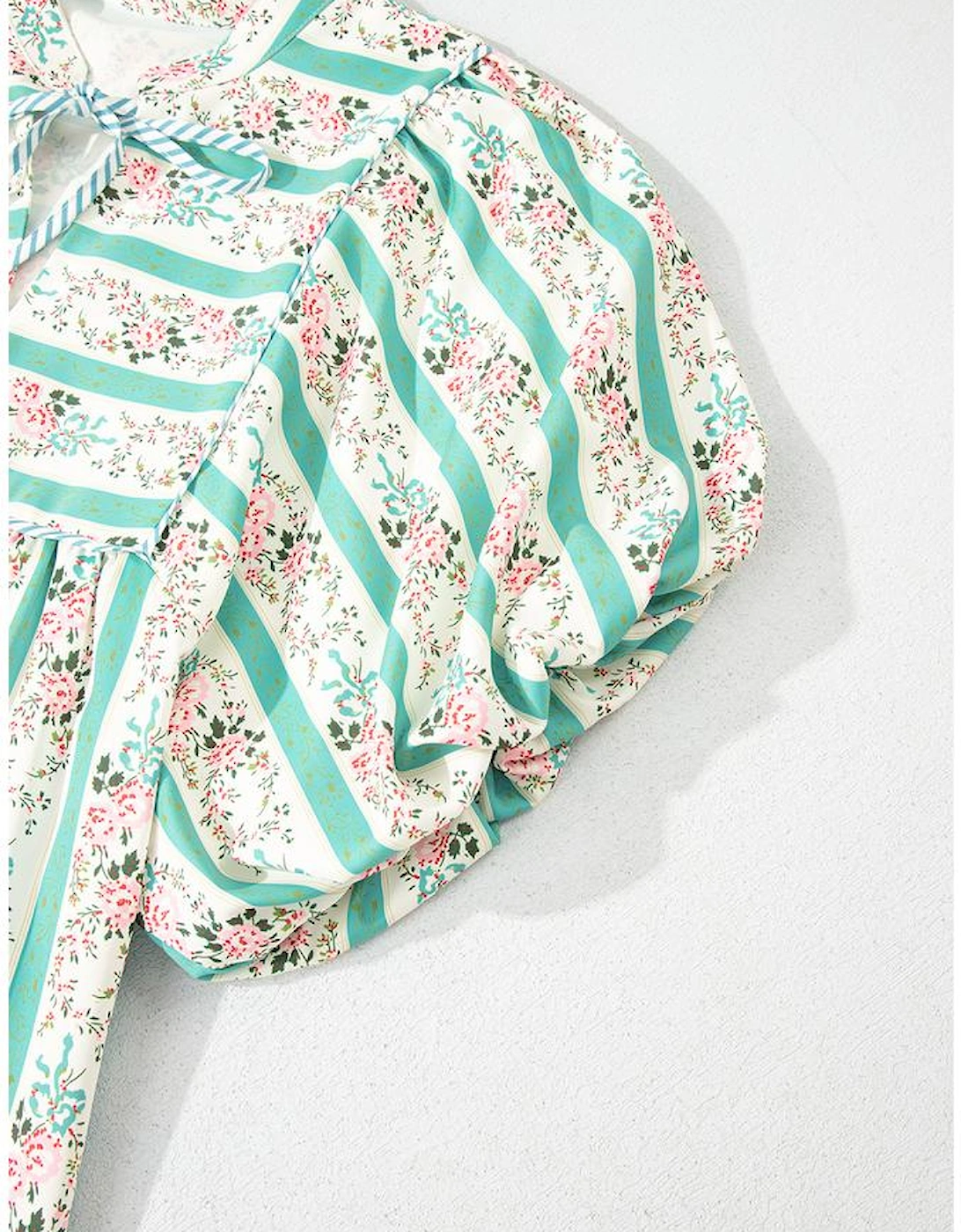 Multicolour Striped Floral Print Tie Split Neck Puff Sleeve Midi Dress