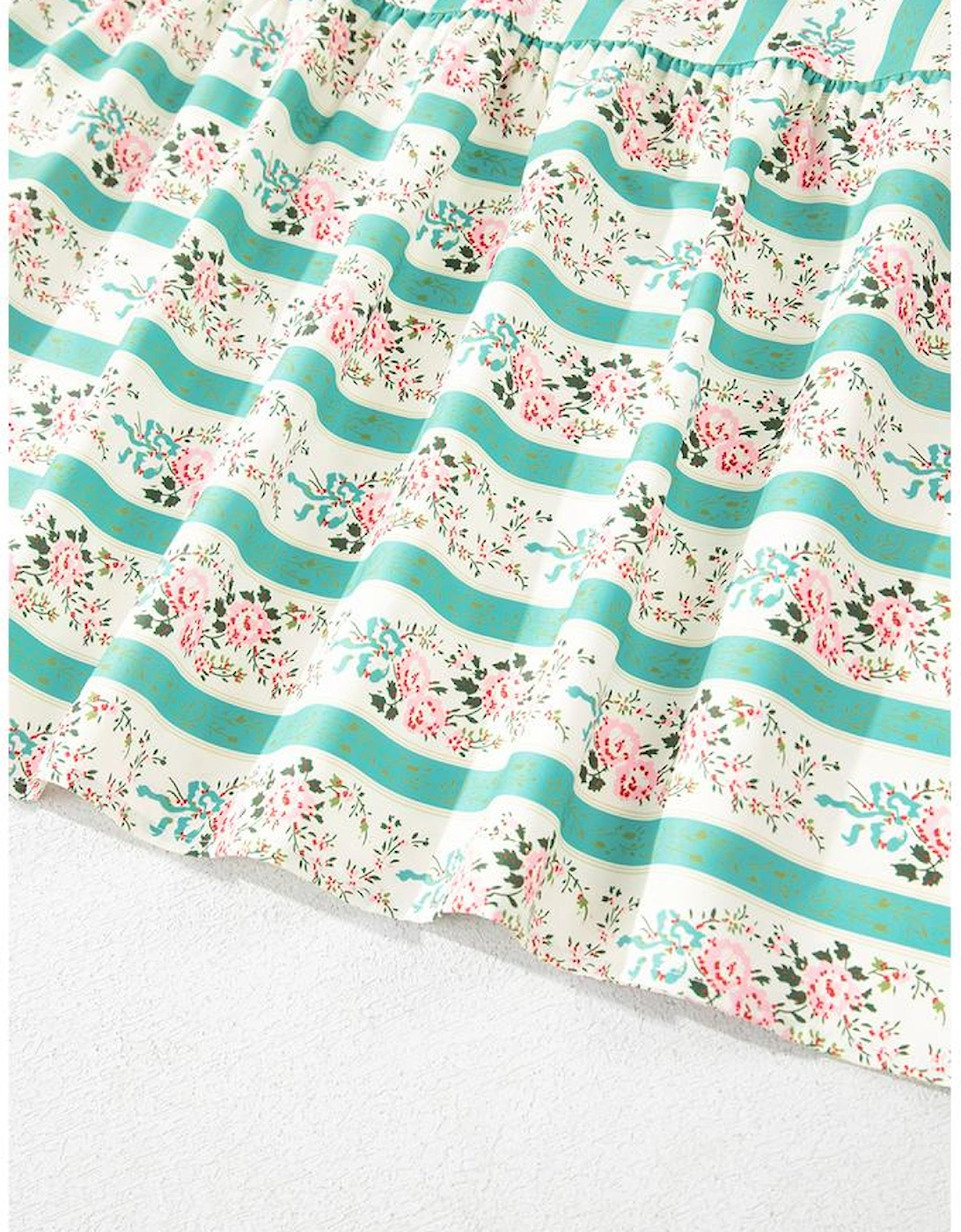 Multicolour Striped Floral Print Tie Split Neck Puff Sleeve Midi Dress