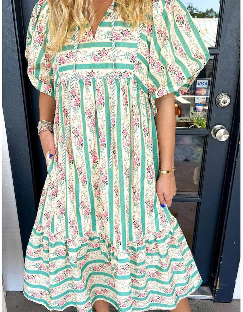 Multicolour Striped Floral Print Tie Split Neck Puff Sleeve Midi Dress