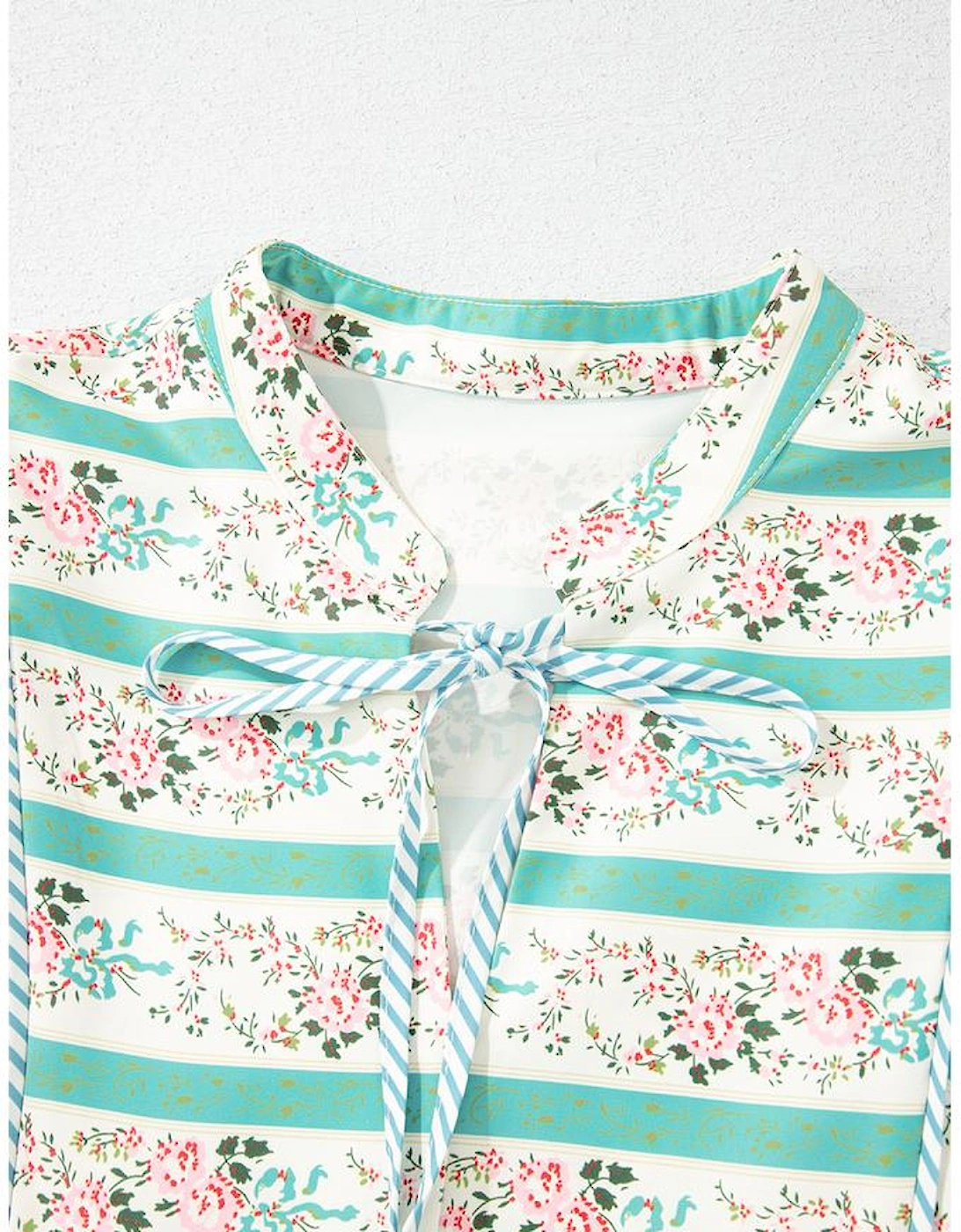 Multicolour Striped Floral Print Tie Split Neck Puff Sleeve Midi Dress