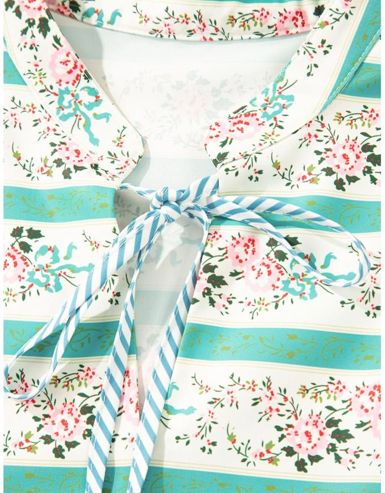 Multicolour Striped Floral Print Tie Split Neck Puff Sleeve Midi Dress