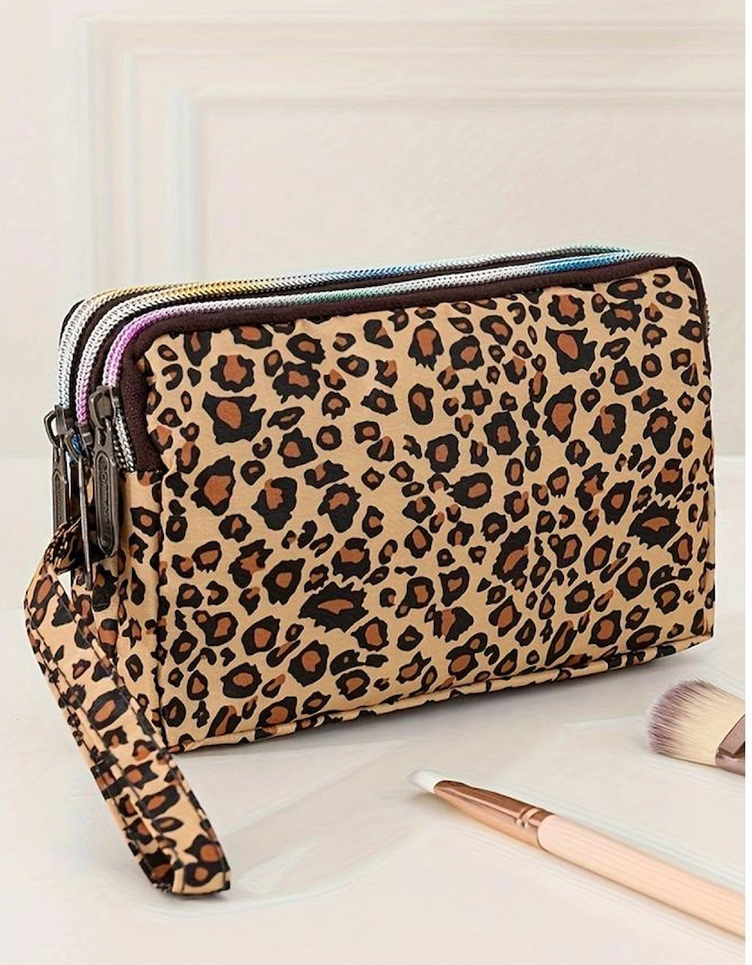 Brown Leopard Print PU Leather Wristlet Zipper Makeup Bag