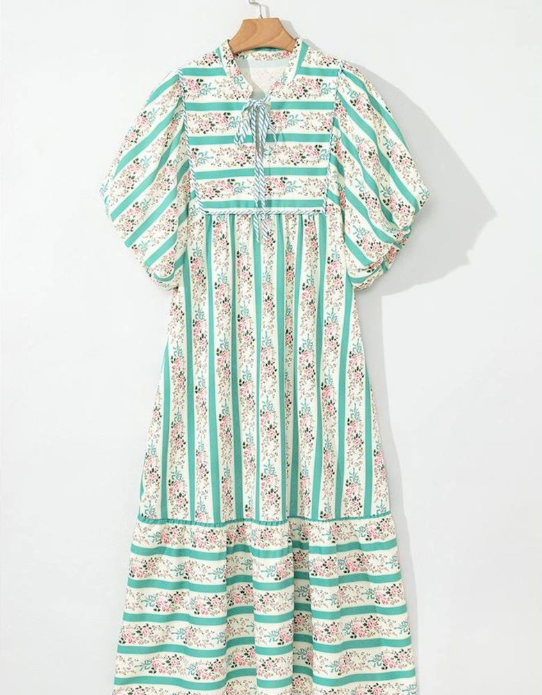 Multicolour Striped Floral Print Tie Split Neck Puff Sleeve Midi Dress