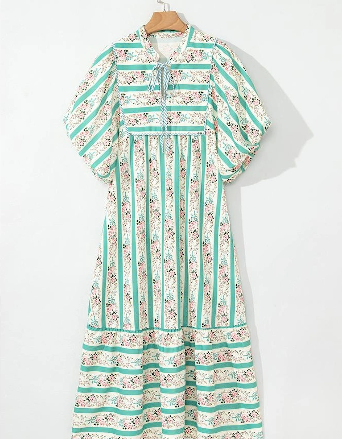 Multicolour Striped Floral Print Tie Split Neck Puff Sleeve Midi Dress