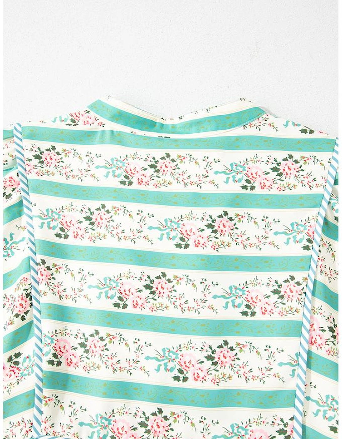 Multicolour Striped Floral Print Tie Split Neck Puff Sleeve Midi Dress