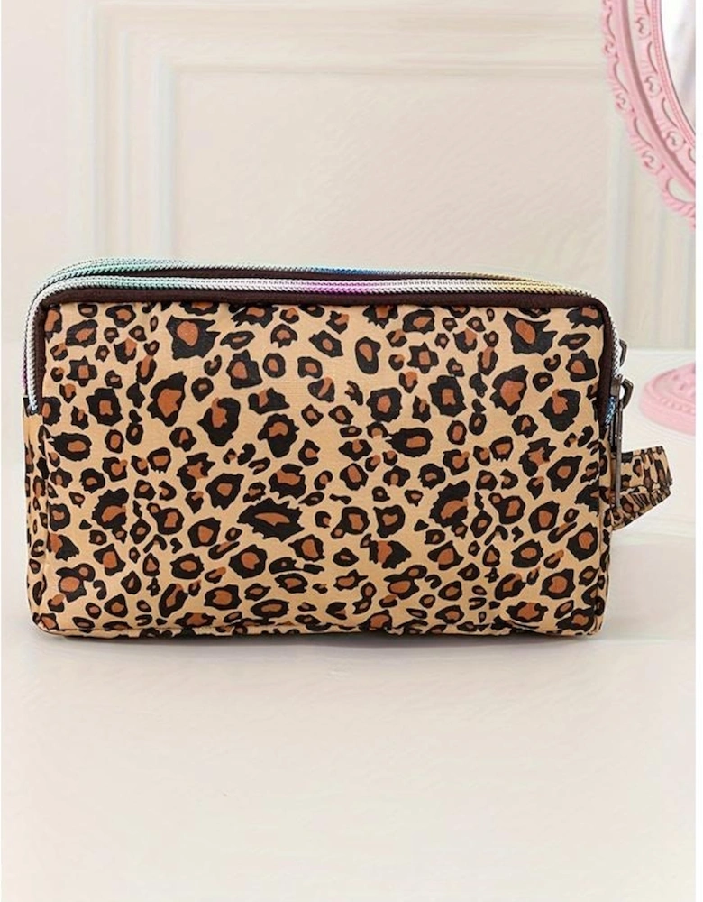 Brown Leopard Print PU Leather Wristlet Zipper Makeup Bag