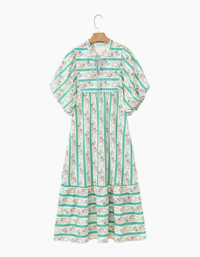 Multicolour Striped Floral Print Tie Split Neck Puff Sleeve Midi Dress