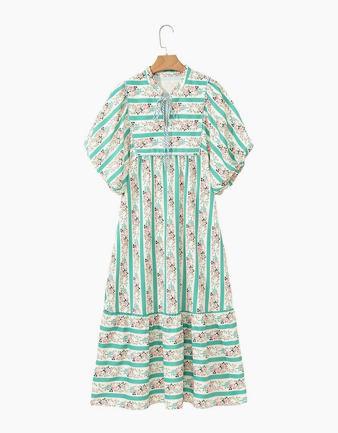 Multicolour Striped Floral Print Tie Split Neck Puff Sleeve Midi Dress