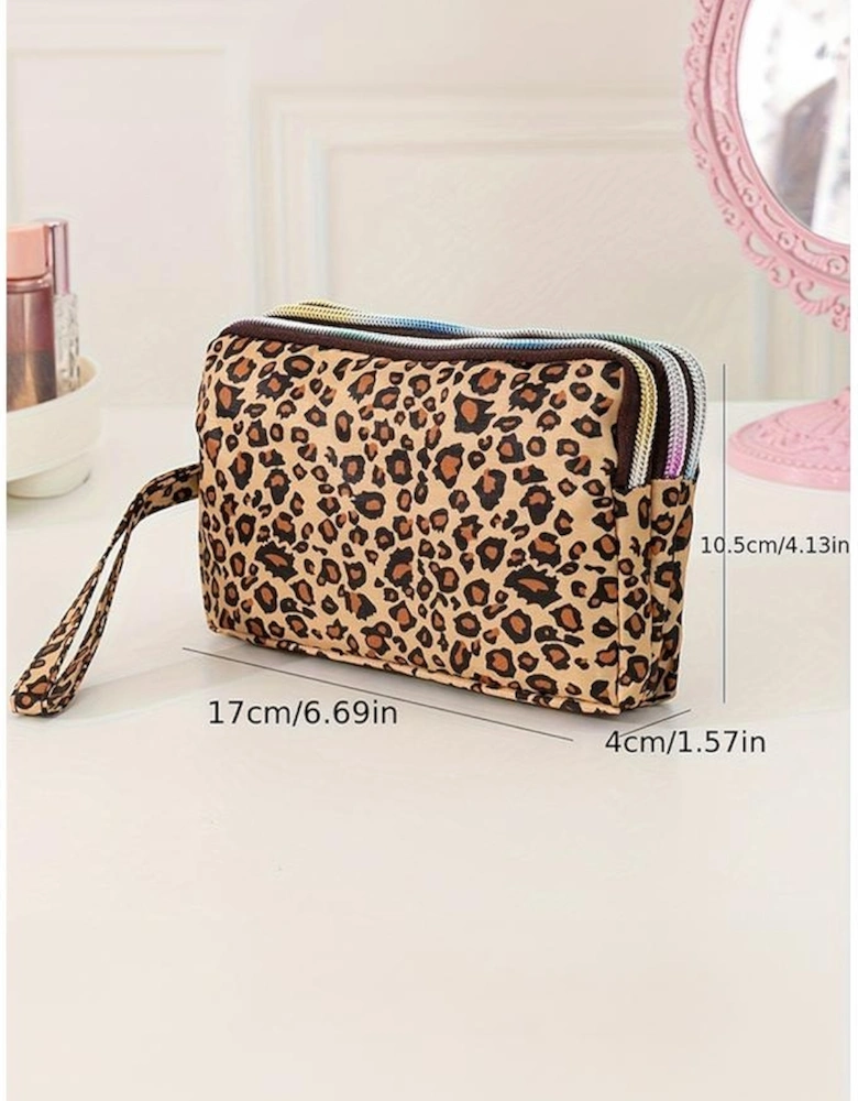 Brown Leopard Print PU Leather Wristlet Zipper Makeup Bag