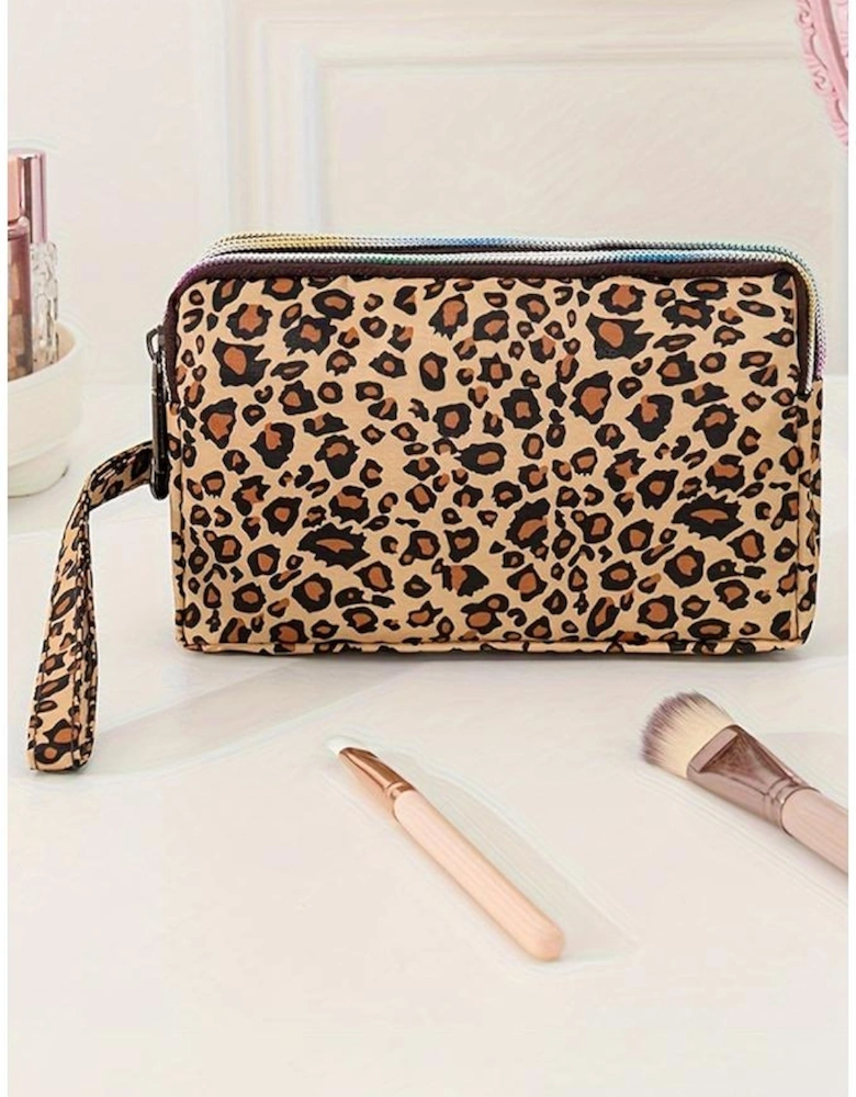 Brown Leopard Print PU Leather Wristlet Zipper Makeup Bag